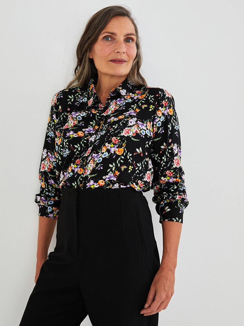 Shirt Collar Floral Long Sleeve Viscose Women's Shirt