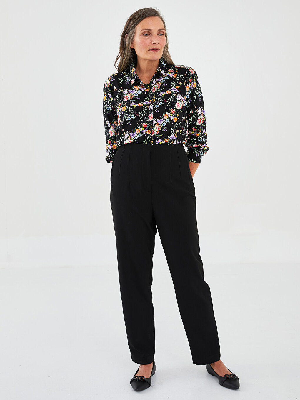 Shirt Collar Floral Long Sleeve Viscose Women's Shirt