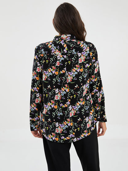 Shirt Collar Floral Long Sleeve Viscose Women's Shirt