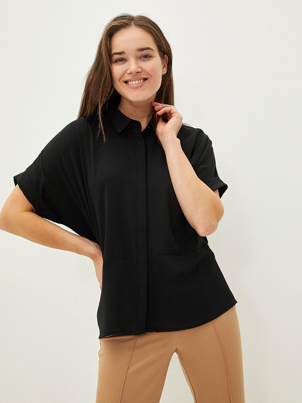 Front Button Closure Plain Short Sleeve Crepe Fabric Women's Shirt