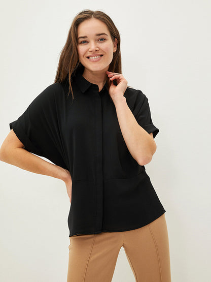 Front Button Closure Plain Short Sleeve Crepe Fabric Women's Shirt