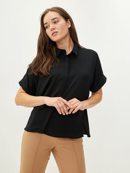 Front Button Closure Plain Short Sleeve Crepe Fabric Women's Shirt