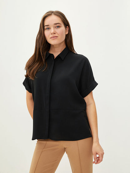 Front Button Closure Plain Short Sleeve Crepe Fabric Women's Shirt