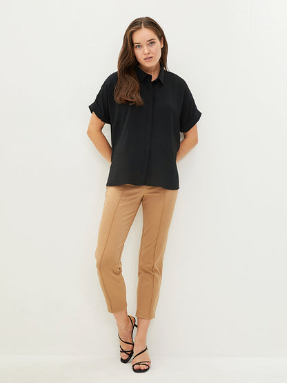 Front Button Closure Plain Short Sleeve Crepe Fabric Women's Shirt