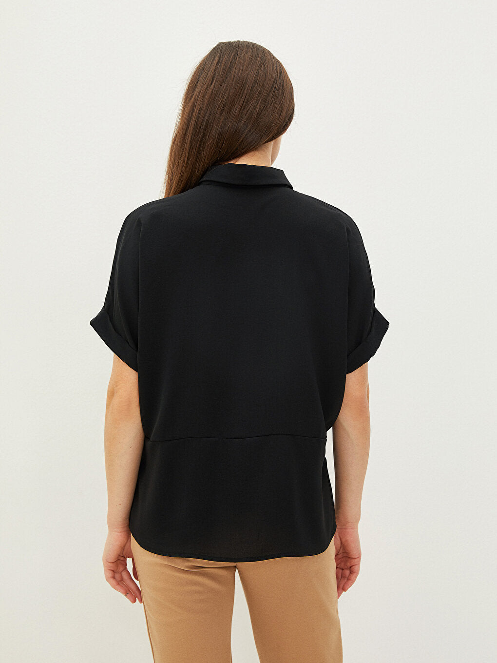 Front Button Closure Plain Short Sleeve Crepe Fabric Women's Shirt