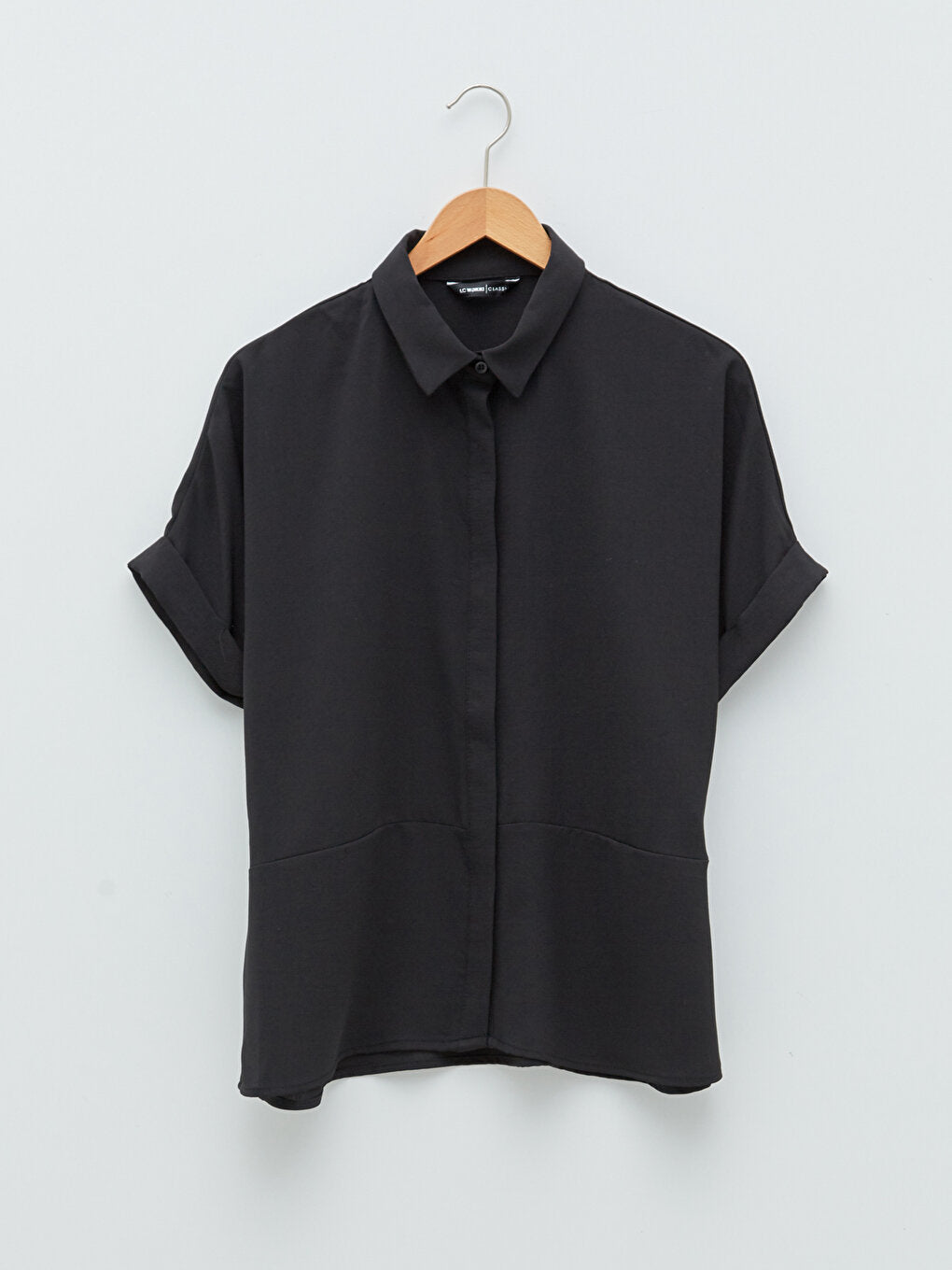 Front Button Closure Plain Short Sleeve Crepe Fabric Women's Shirt