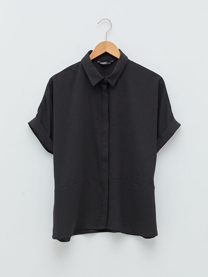 Front Button Closure Plain Short Sleeve Crepe Fabric Women's Shirt