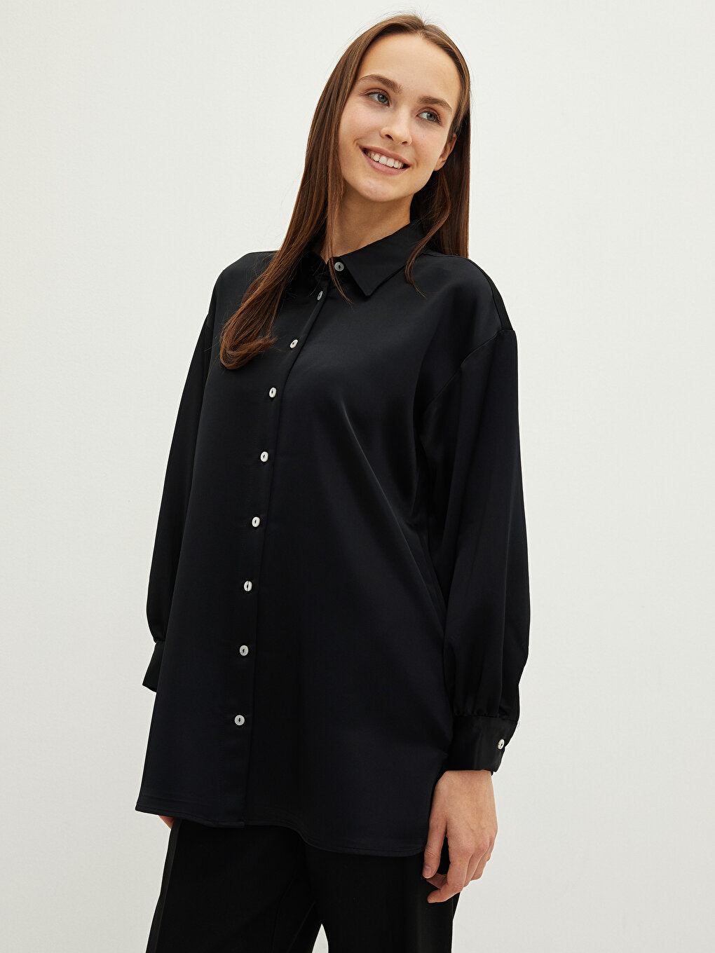 Shirt Collar Plain Long Sleeve Satin Women's Tunic