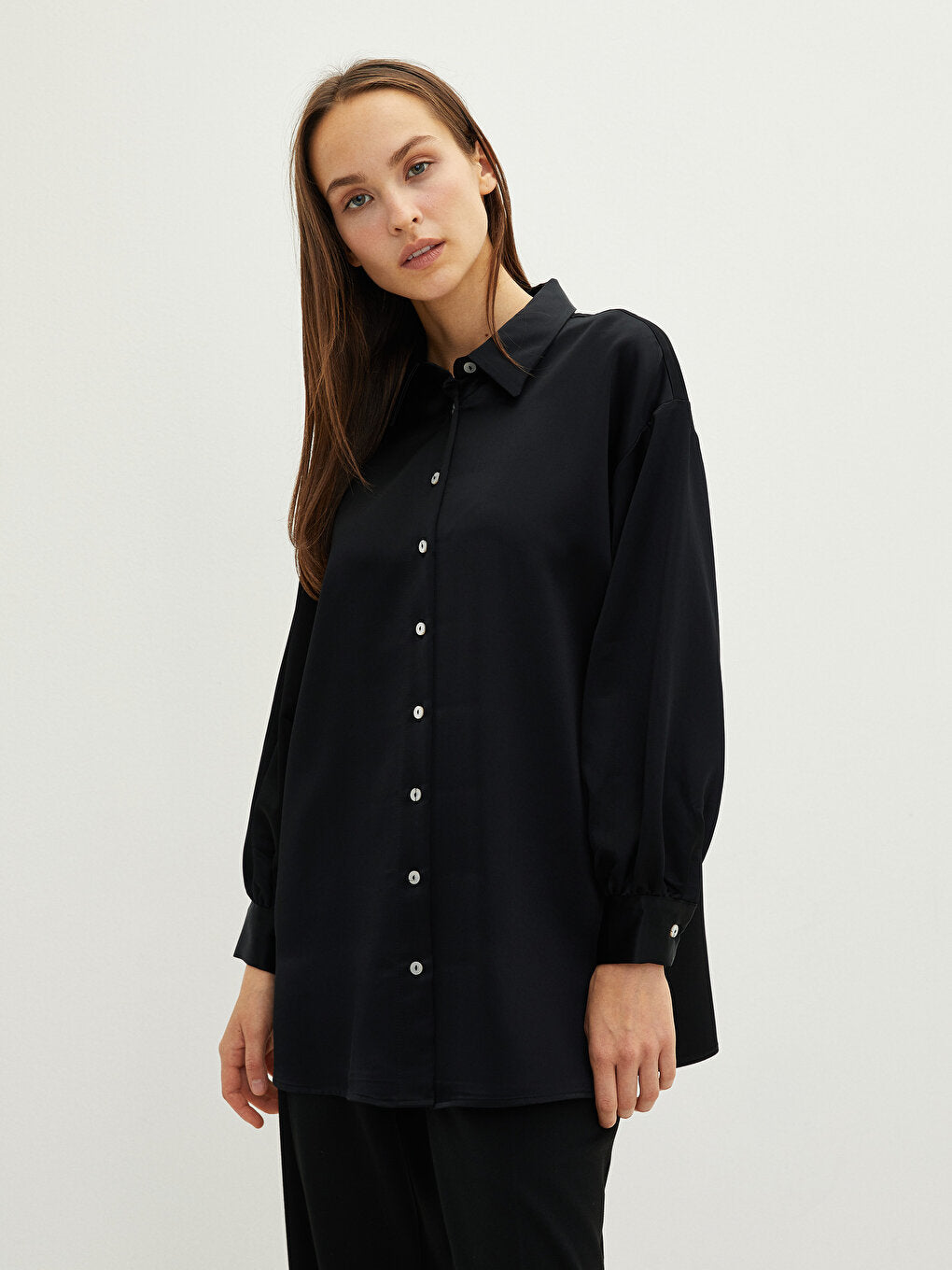 Shirt Collar Plain Long Sleeve Satin Women's Tunic