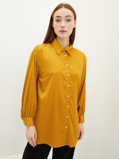 Shirt Collar Plain Long Sleeve Satin Women's Tunic