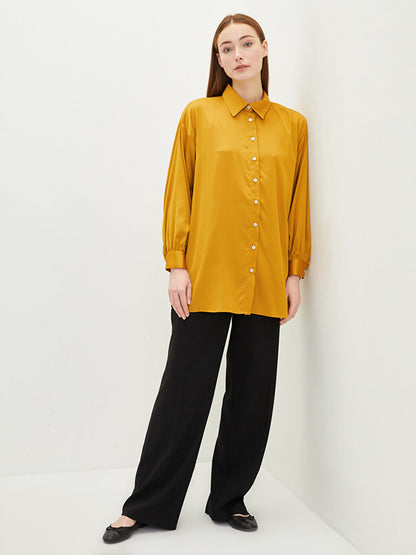 Shirt Collar Plain Long Sleeve Satin Women's Tunic