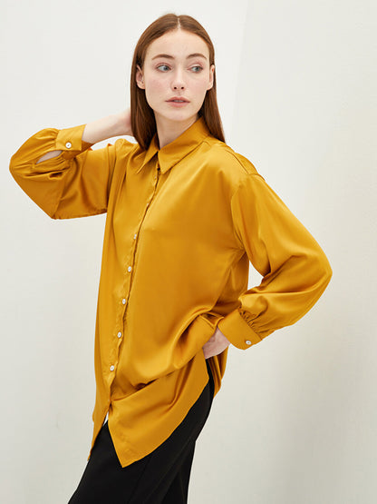 Shirt Collar Plain Long Sleeve Satin Women's Tunic