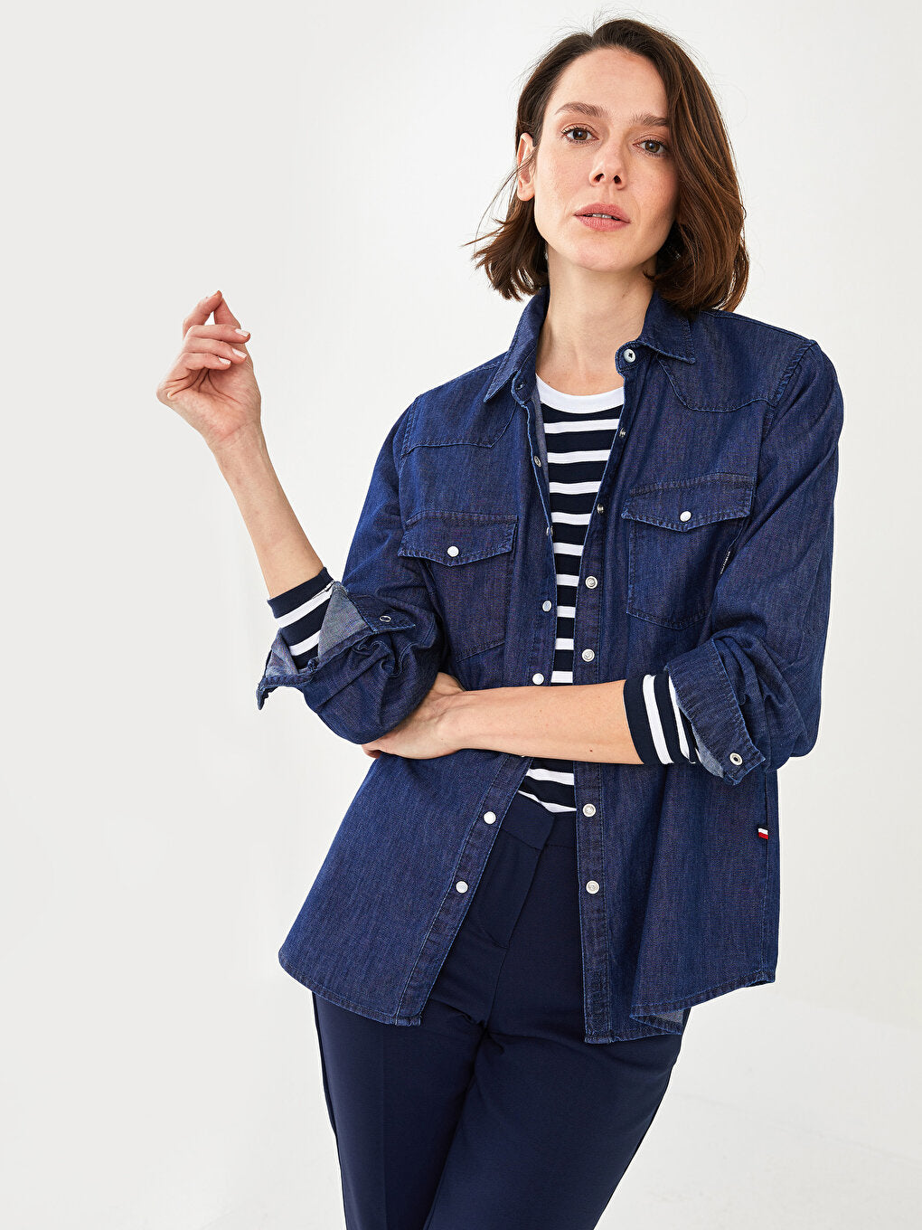 Front Button Closure Plain Long Sleeve Women's Jean Shirt