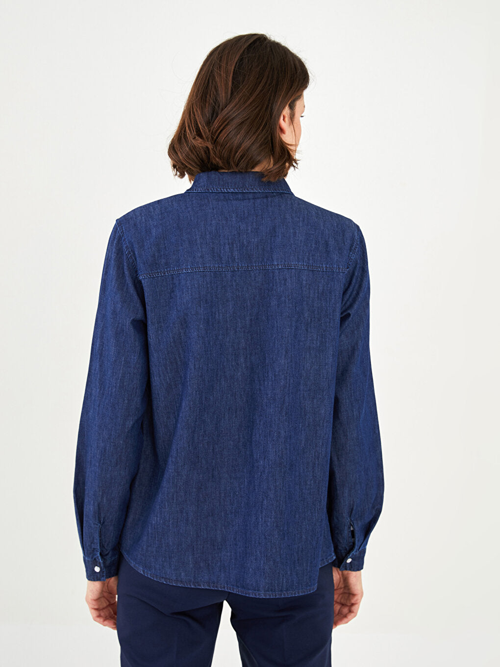 Front Button Closure Plain Long Sleeve Women's Jean Shirt