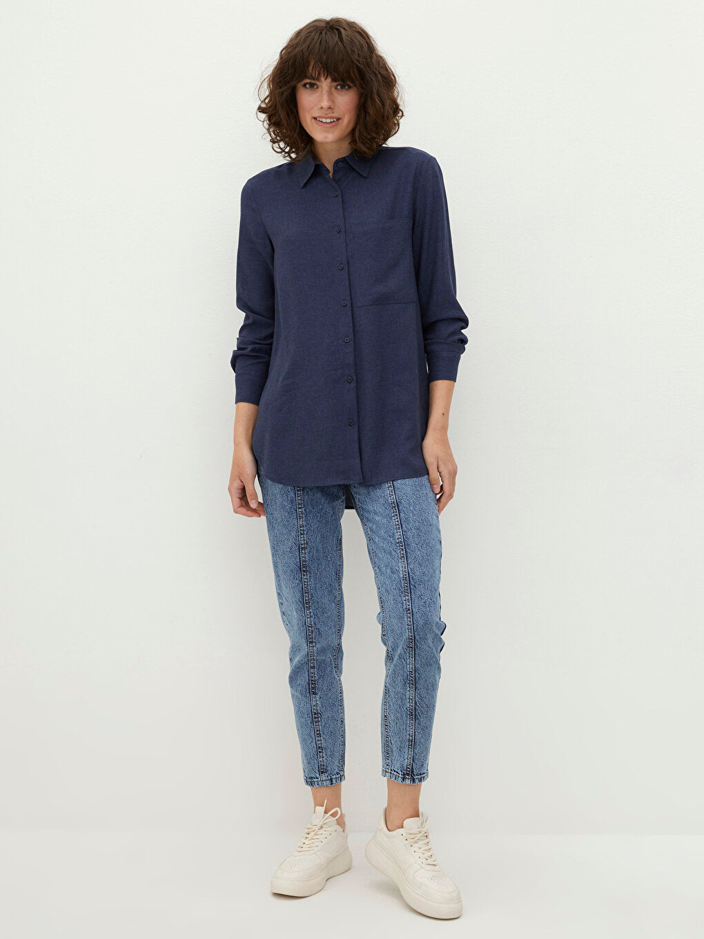 Front Button Closure Plain Long Sleeve Gabardine Women's Shirt