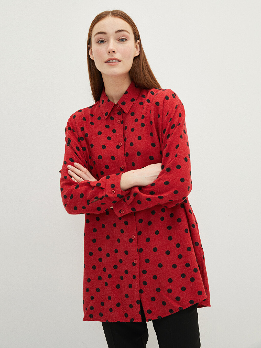 Polka Dot Long Sleeve Oversize Women's Shirt Tunic