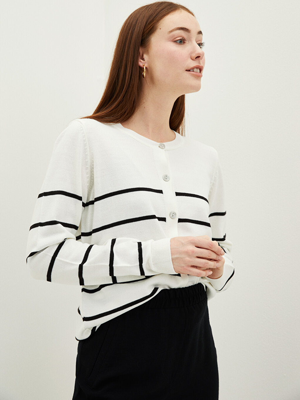 Crew Neck Striped Long Sleeve Women's Knitwear Cardigan