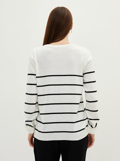 Crew Neck Striped Long Sleeve Women's Knitwear Cardigan