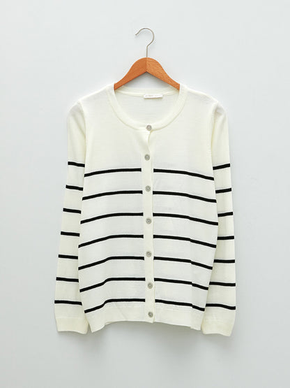 Crew Neck Striped Long Sleeve Women's Knitwear Cardigan