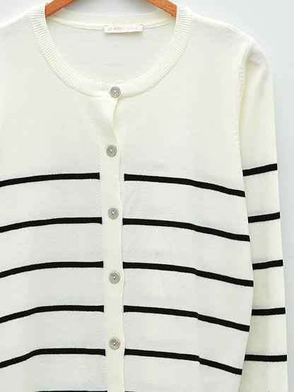 Crew Neck Striped Long Sleeve Women's Knitwear Cardigan