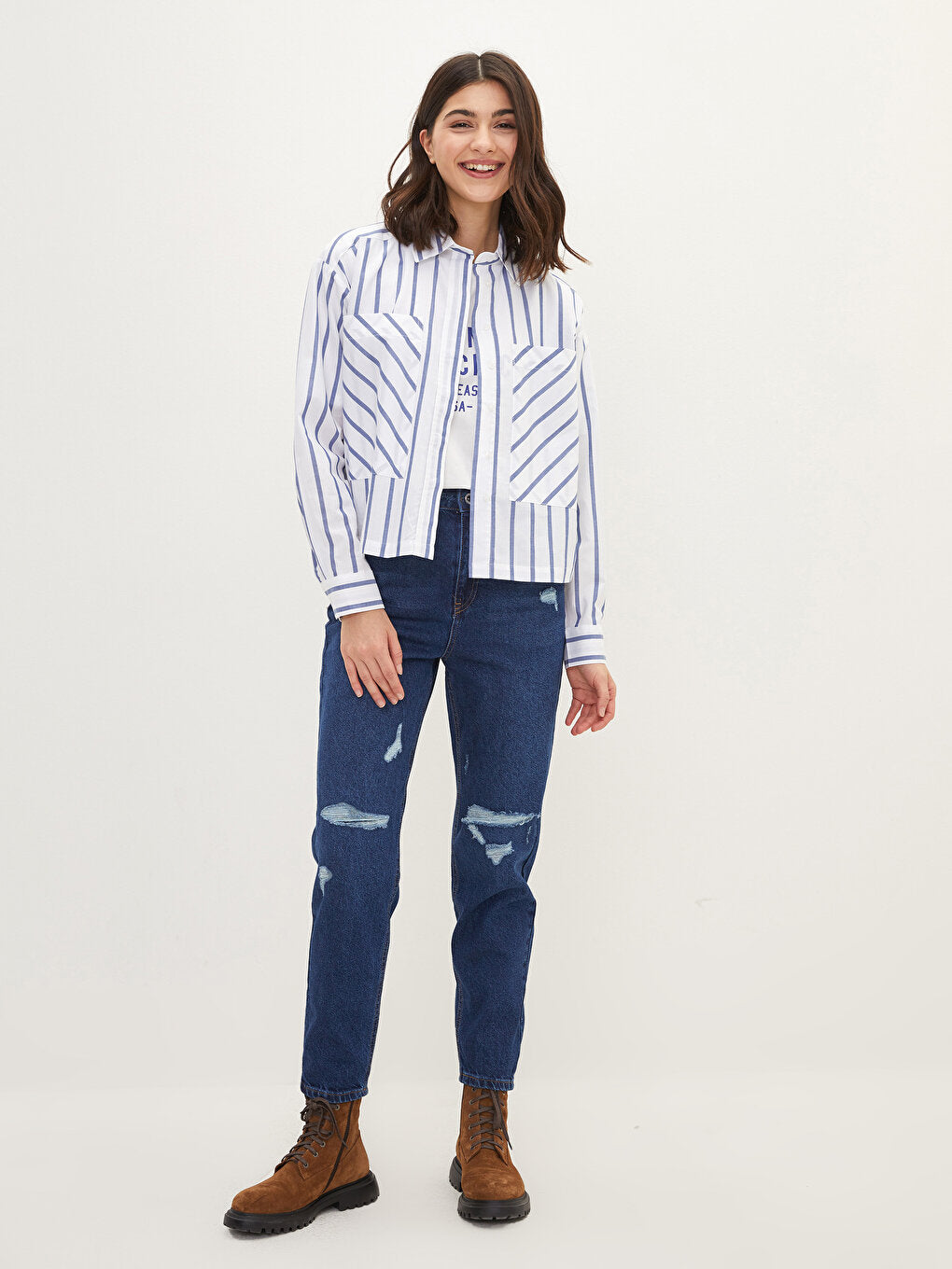 Front Button Closure Striped Long Sleeve Poplin Women's Shirt