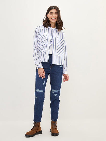 Front Button Closure Striped Long Sleeve Poplin Women's Shirt