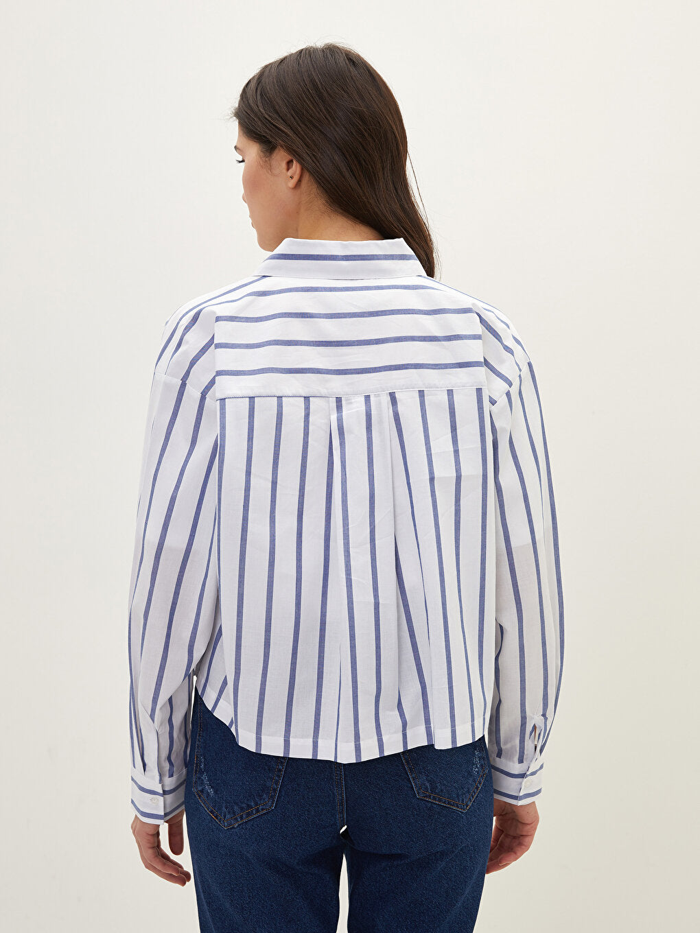 Front Button Closure Striped Long Sleeve Poplin Women's Shirt