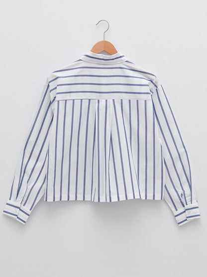 Front Button Closure Striped Long Sleeve Poplin Women's Shirt