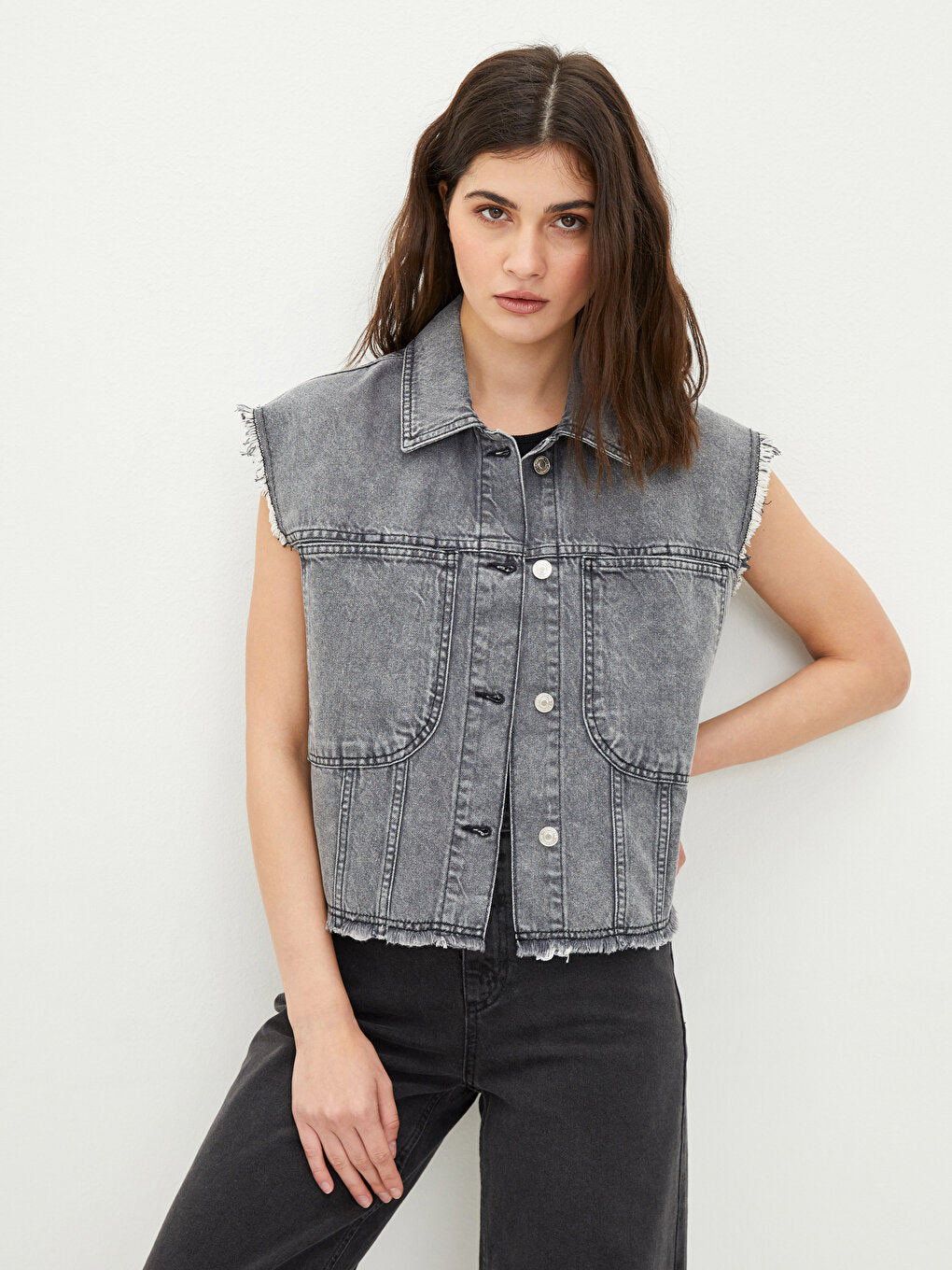 Shirt Collar Straight Pocket Detailed Women's Rodeo Jean Vest