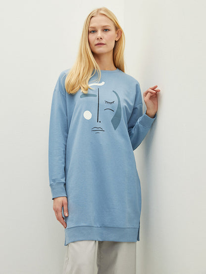 Crew Neck Printed Long Sleeve Oversize Women's Sweatshirt Tunic