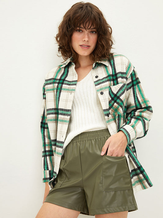 Front Button Closure Plaid Long Sleeve Gabardine Fabric Women's Shirt Jacket