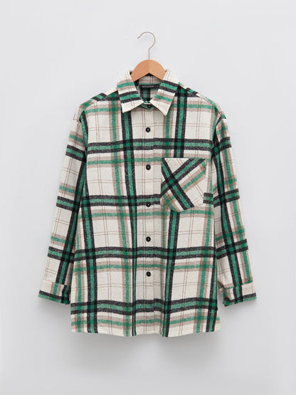 Front Button Closure Plaid Long Sleeve Gabardine Fabric Women's Shirt Jacket