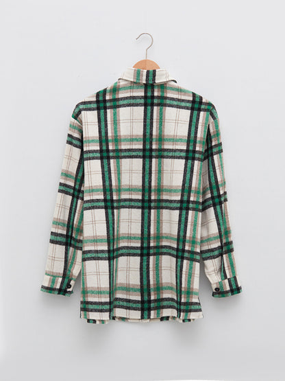 Front Button Closure Plaid Long Sleeve Gabardine Fabric Women's Shirt Jacket