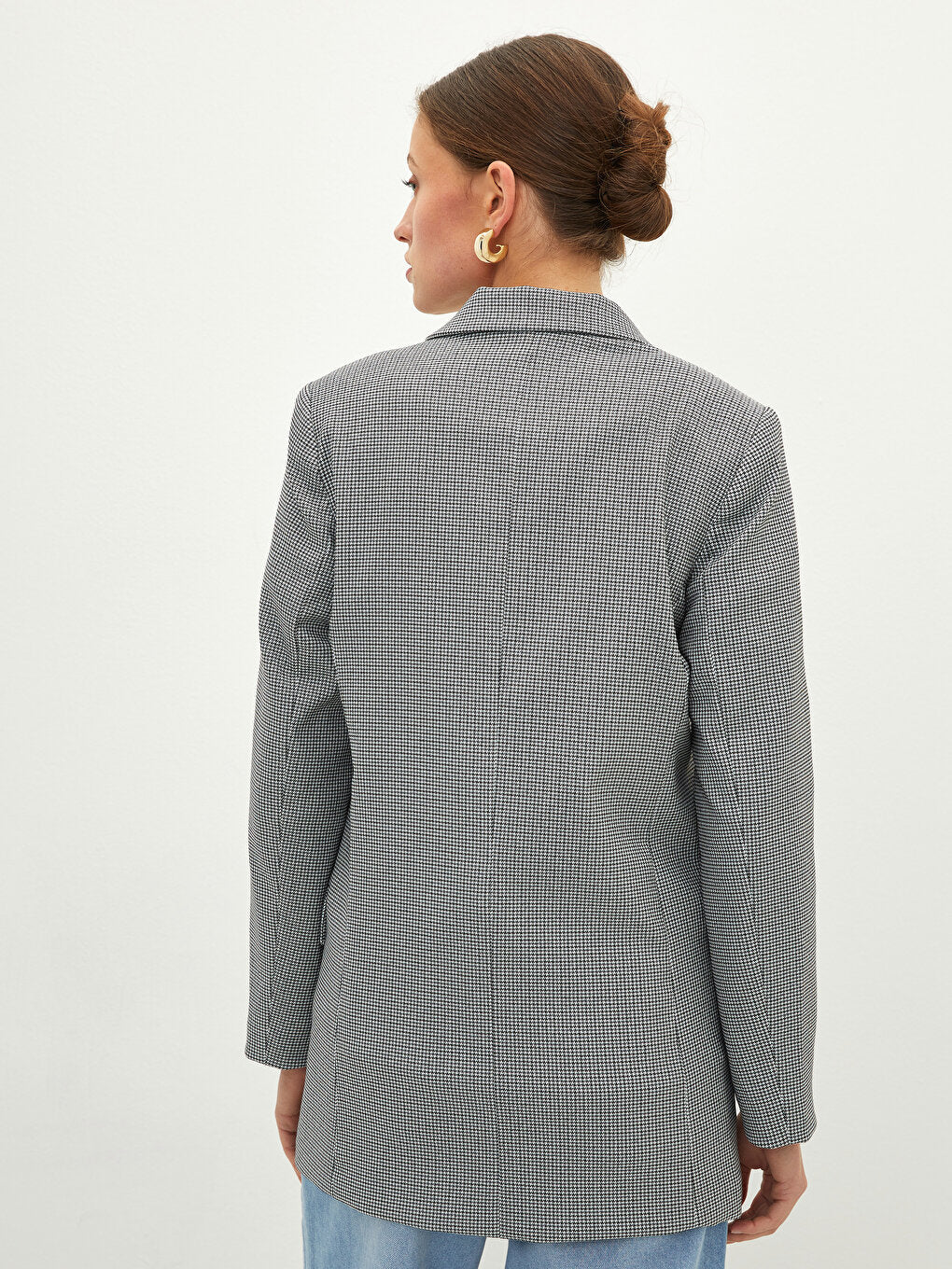 Front Button Closure Houndstooth Patterned Long Sleeve Women's Blazer Jacket