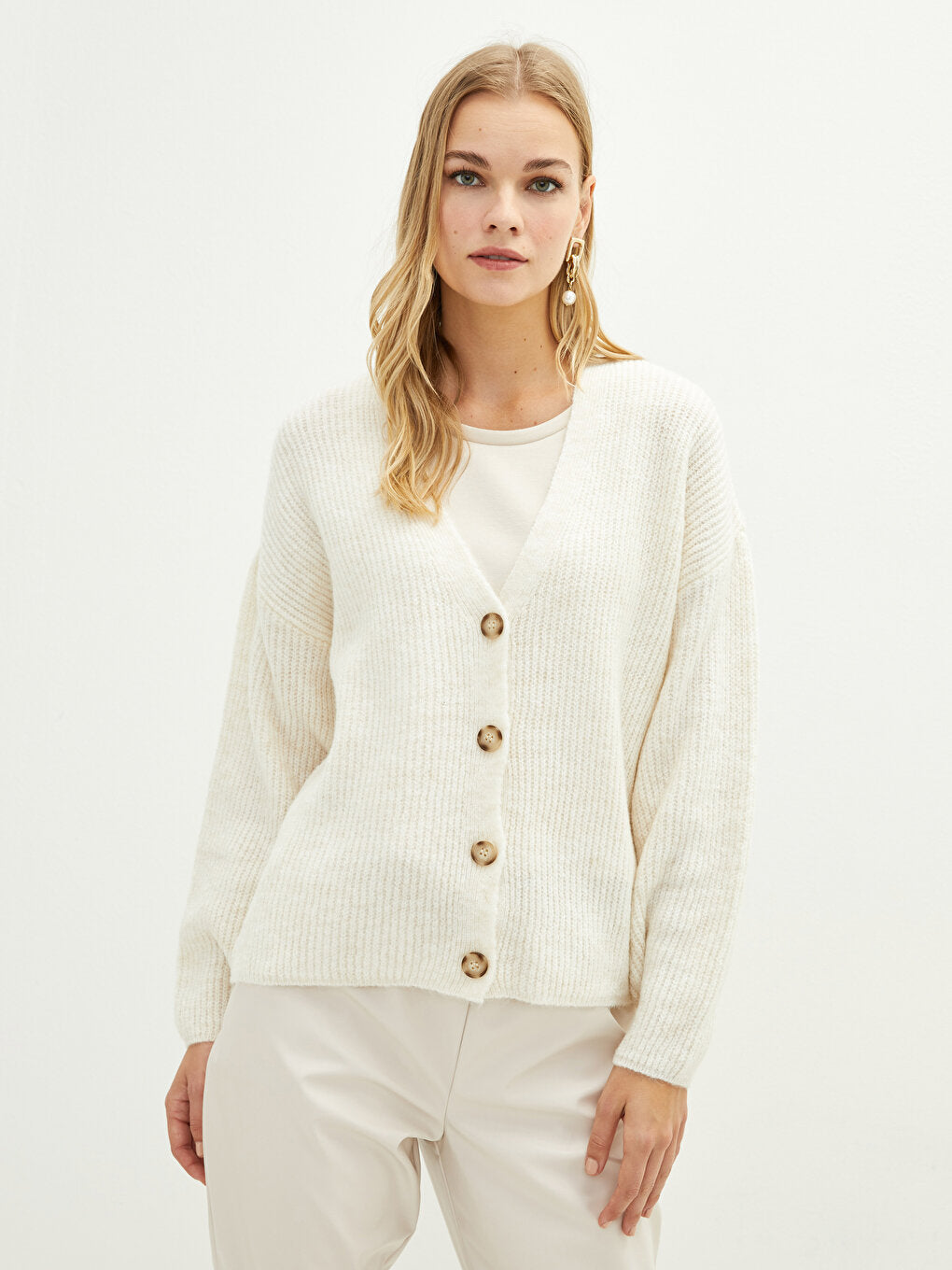 V-Neck Plain Long Sleeve Women's Knitwear Cardigan