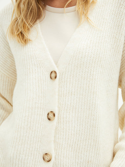 V-Neck Plain Long Sleeve Women's Knitwear Cardigan