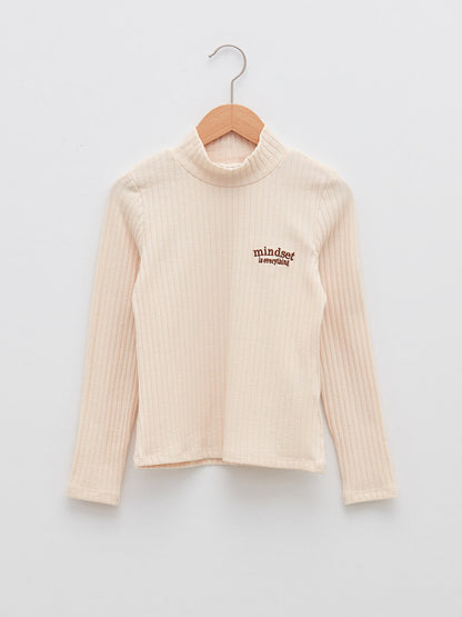 Half Turtleneck Embroidery Detailed Long Sleeve Girls' T-Shirt