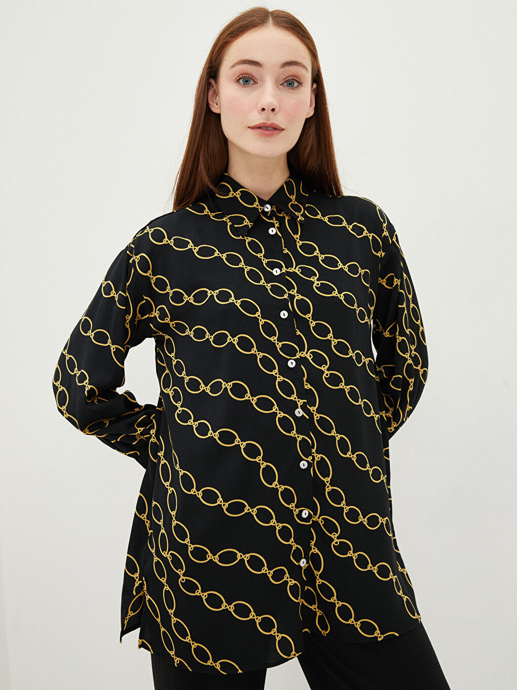 Patterned Long Sleeve Satin Women's Shirt Tunic