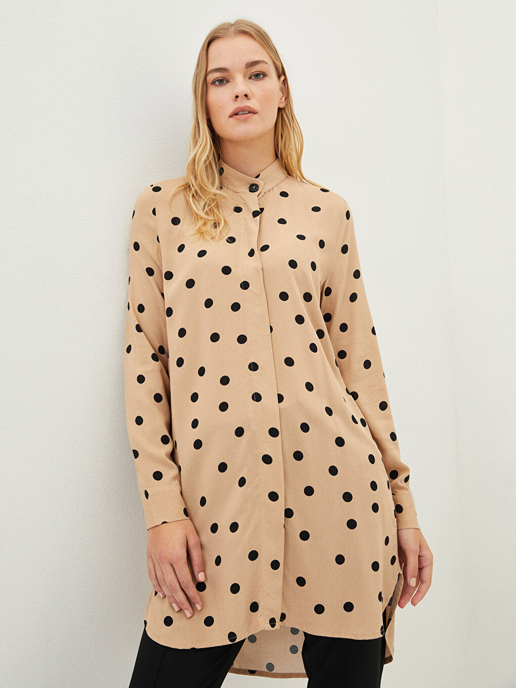 Magnificent Collar Polka Dot Long Sleeve Viscose Women's Tunic