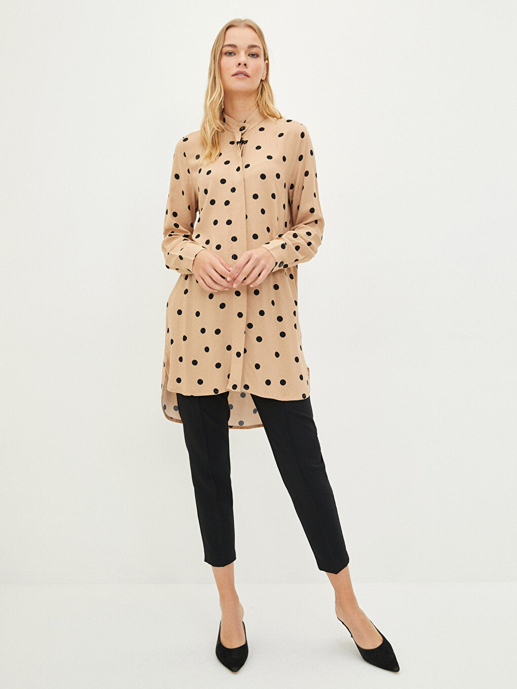 Magnificent Collar Polka Dot Long Sleeve Viscose Women's Tunic