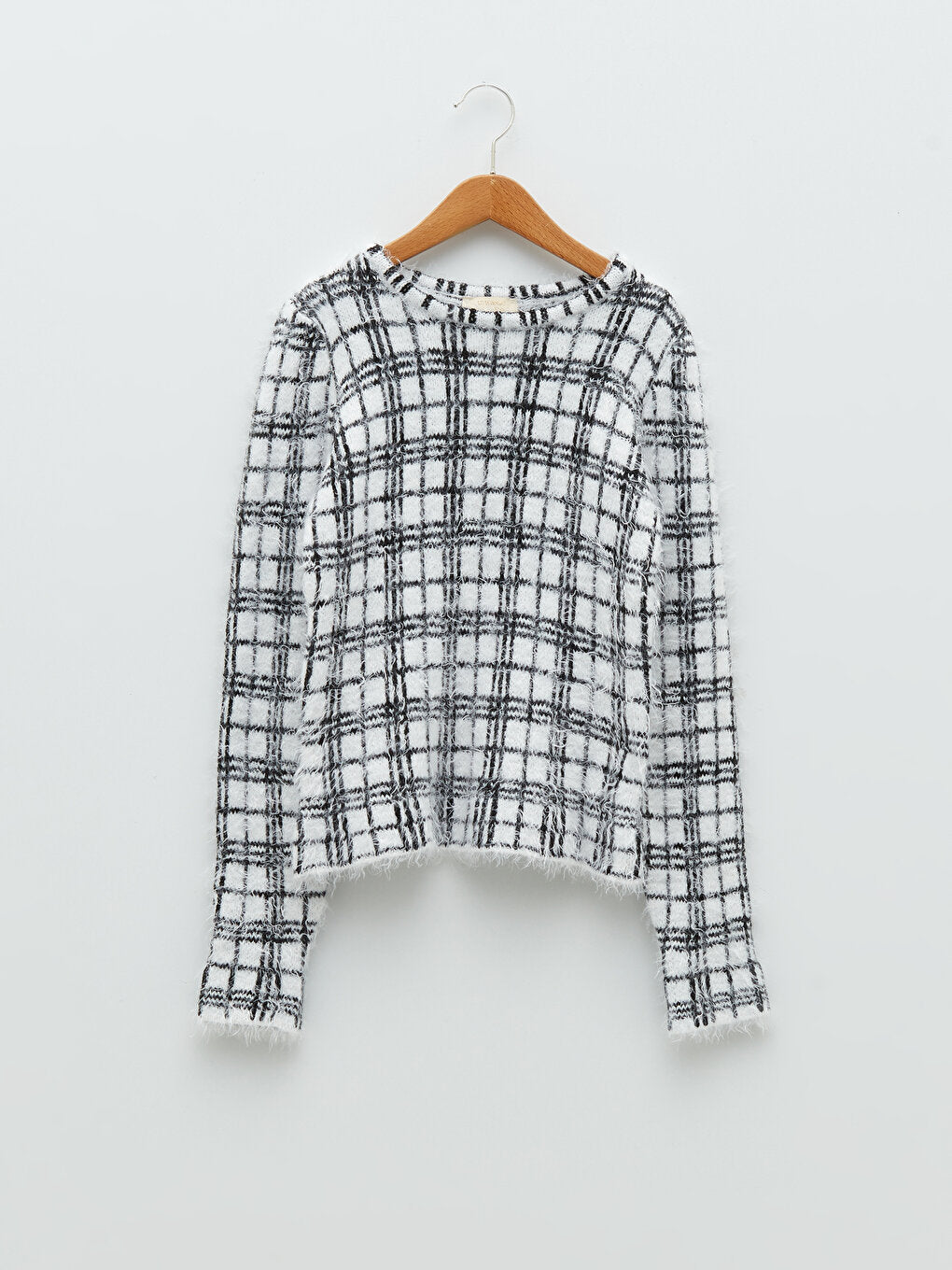 Crew Neck Plaid Long Sleeve Girl's Knitwear Sweater