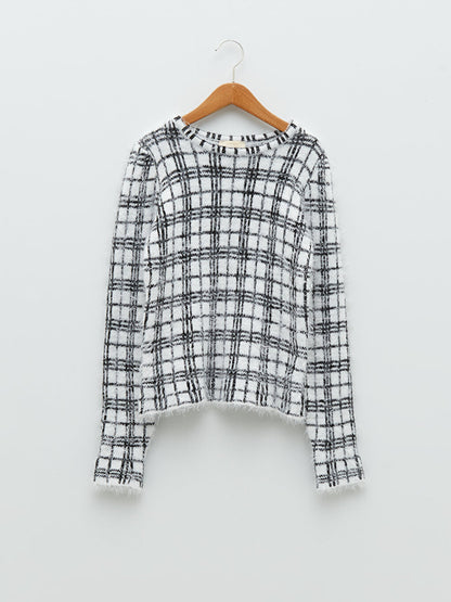 Crew Neck Plaid Long Sleeve Girl's Knitwear Sweater