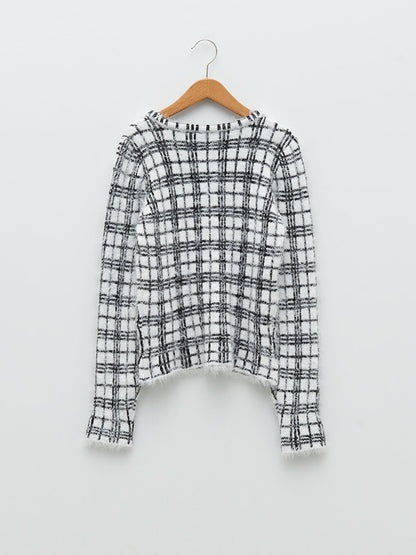 Crew Neck Plaid Long Sleeve Girl's Knitwear Sweater