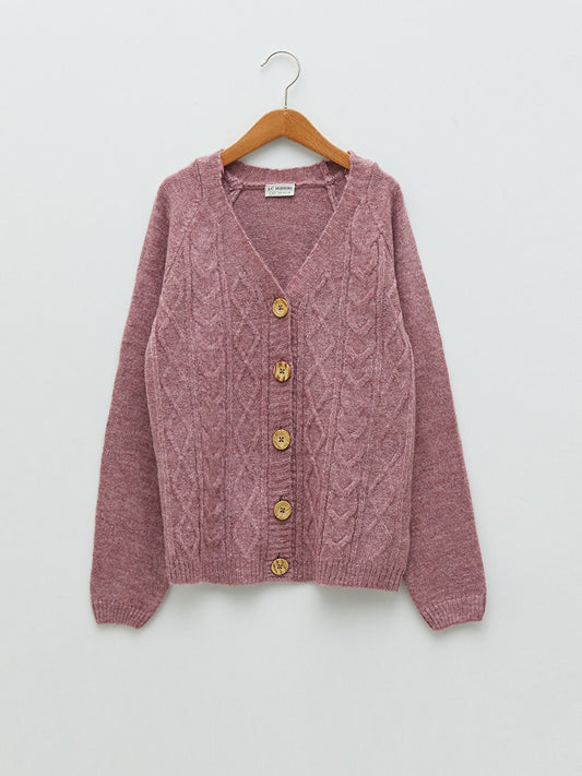 V-Neck Braid Patterned Long Sleeve Girl's Knitwear Cardigan