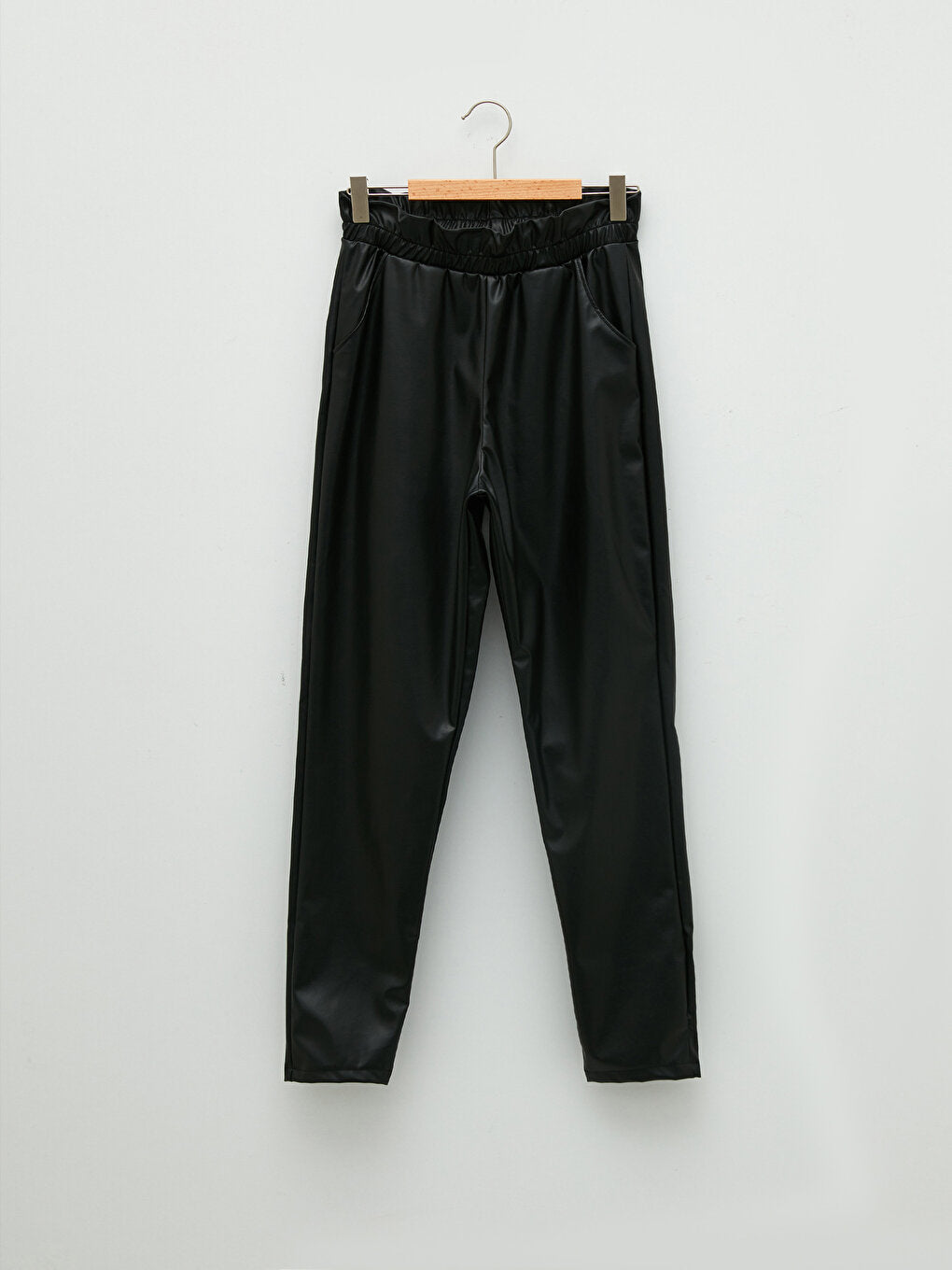 Basic Leather Look Girls' Trousers with Elastic Waist