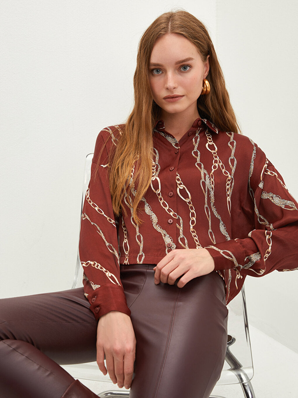 Front Button Closure Patterned Long Sleeve Viscose Women's Shirt