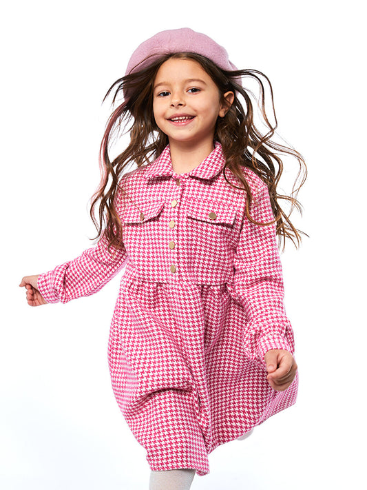 Shirt Collar Houndstooth Patterned Long Sleeve Girl's Dress