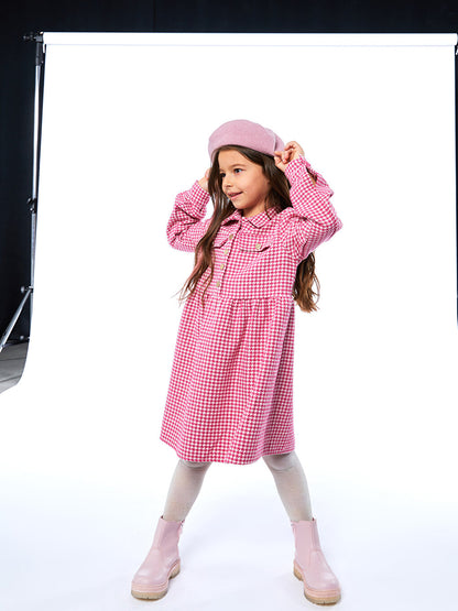 Shirt Collar Houndstooth Patterned Long Sleeve Girl's Dress