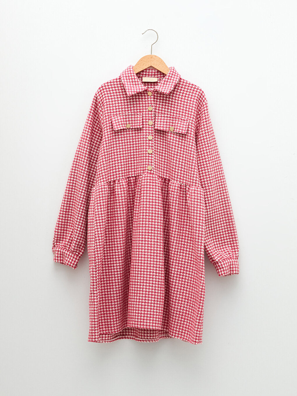 Shirt Collar Houndstooth Patterned Long Sleeve Girl's Dress