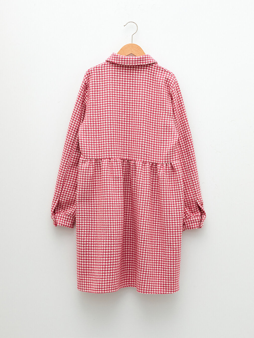 Shirt Collar Houndstooth Patterned Long Sleeve Girl's Dress